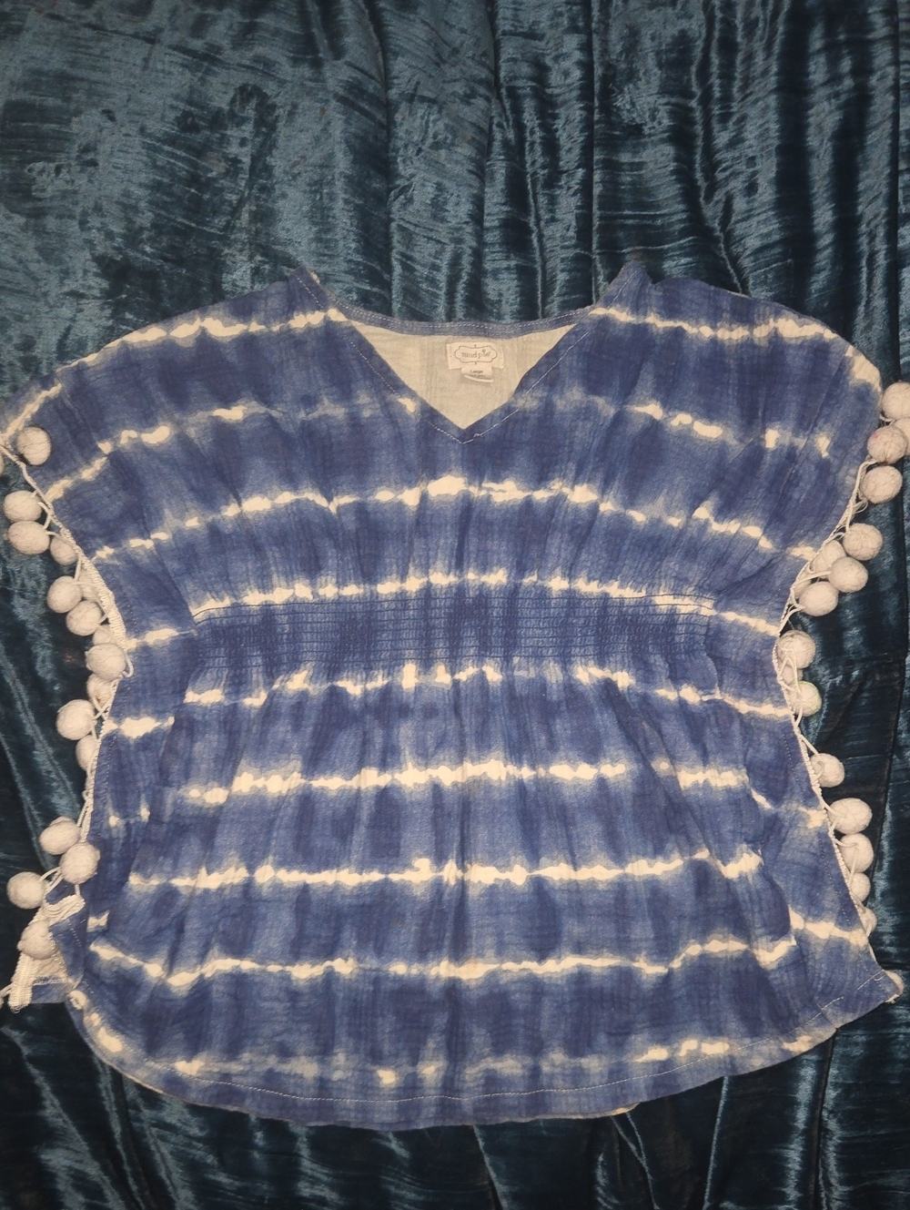 Mud Pie Navy and White Tie-Dye Pom-Pom Swim Coverup
